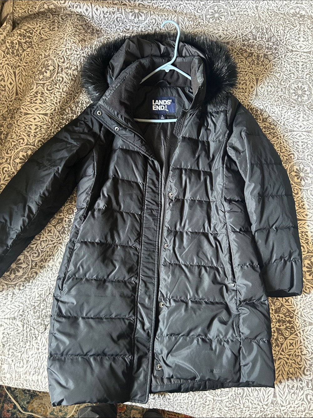 Lands' End Black Quilted Long Down Parka with Faux Fur Hood
